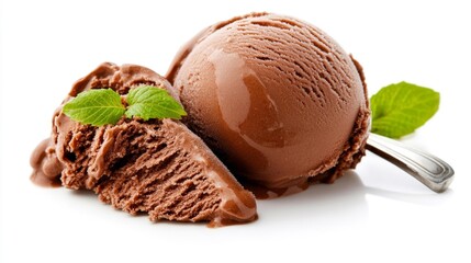 Close-up of Chocolate Ice Cream Scoop with Glossy Surface Isolated on White Background. Generative AI
