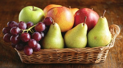 Fresh fruit in a wicker basket.