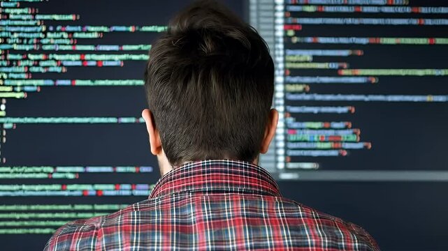 Back View of Man in Plaid Shirt Facing a Bright Computer Screen Displaying Complex Red and Green Coding Lines Against a Dark Background Illuminating the Scene and Highlighting the Software