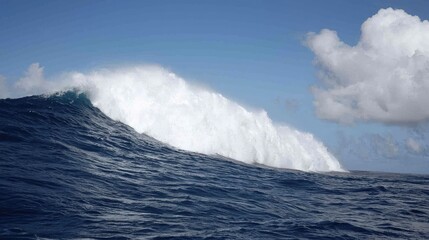 Naklejka premium Powerful ocean wave, dramatic ocean scene, beautiful blue water, sunny day, perfect for surfing or travel brochure