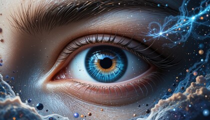 Surreal human eye with an outer space backdrop