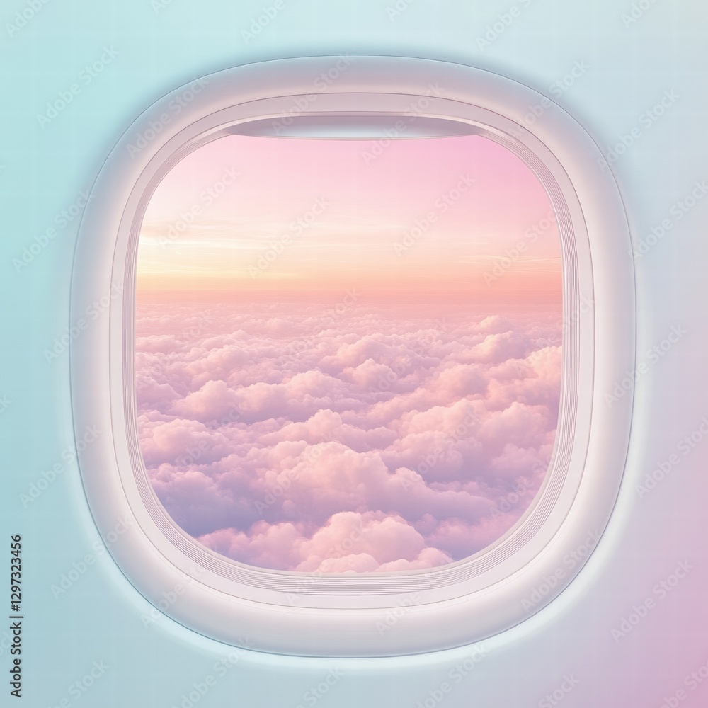 Aufkleber Beautiful clouds during sunset viewed from an airplane window high in the sky over a tranquil landscape. Generative AI