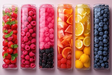 Fresh fruit display in stylish clear containers for promotional flyer designs