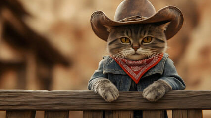 A stylish Western cat with a cowboy hat and confident pose, sitting on a wooden fence under a firework-filled sky. A unique blend of patriotism and feline charm for July 4th.