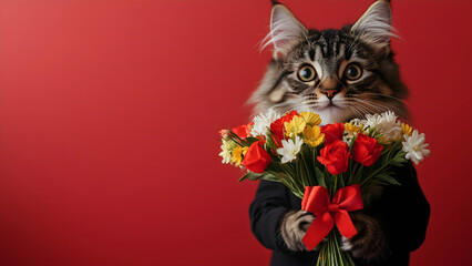 A banner with a dapper fluffy cat in a black tuxedo with a red bow tie, gracefully holding a bouquet of tulips, mimosa, and roses. perfect for Women’s Day, Valentine’s, and celebration