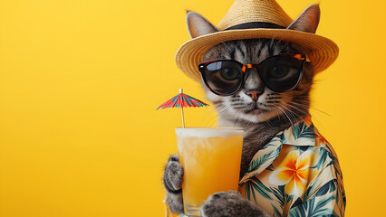 Banner without inscription. A stylish cat in a Hawaiian shirt, sipping a pineapple cocktail a bright yellow background. A perfect summer vacation vibe with a relaxed, fun feel