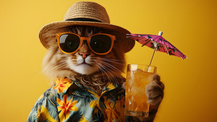 A banner with trendy beach cat chilling under the sun, wearing a vibrant Hawaiian outfit and sipping a fruity cocktail. A fun and playful summer scene, perfect for vacation, travel, and tropical vibes