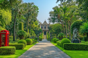 Tropical garden path leading to a palace