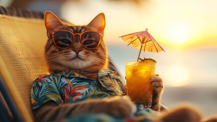 A stylish cat relaxes on a beach chair, rocking sunglasses and a colorful Hawaiian shirt while sipping a tropical drink. The ultimate summer vacation vibe—fun, carefree, and full of sunshine
