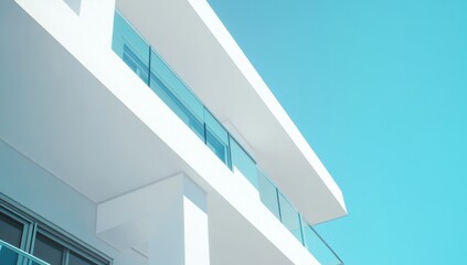 Fototapeta premium Modern apartment building with a white exterior and balconies, on a sunny day with a clear sky The close-up view focuses sharply on the balcony railings and windows, with bright daylight Generative AI