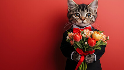 A charming fluffy cat in a tuxedo with a red bow tie, holding a bouquet of tulips, mimosa, and roses. Elegant and festive, perfect for Women’s Day, Valentine’s, and celebrations