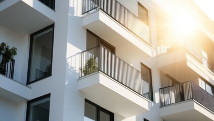 Modern white apartment building with balconies and sunlight shining through the windows Real estate concept Generative AI