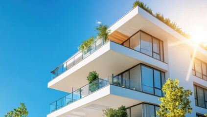 Fototapeta premium Modern white apartment building with balconies and sunlight, real estate concept Generative AI