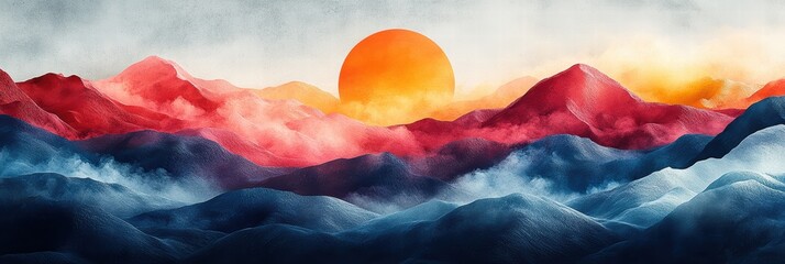 Beautiful landscape design featuring mountains and a vibrant sunset with colorful clouds
