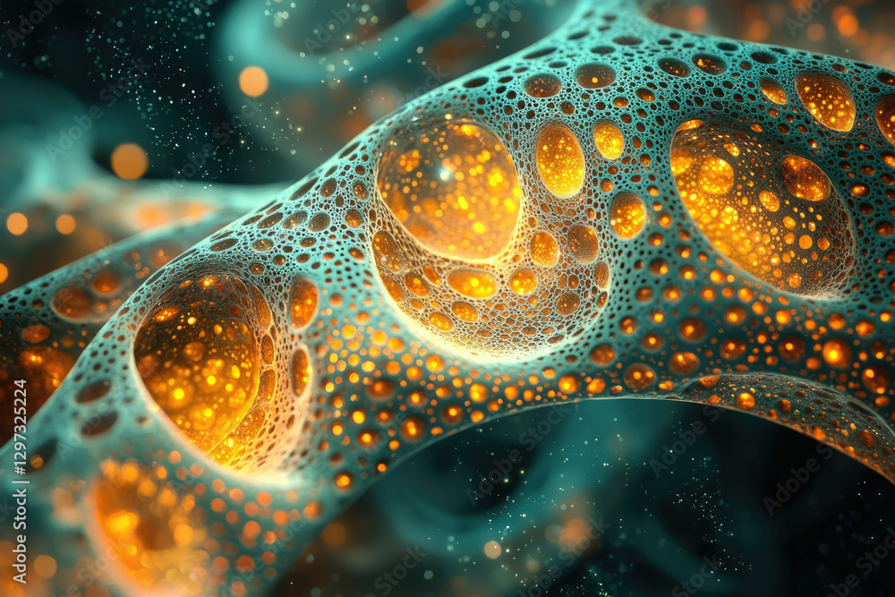 Poster intricate teal structure with glowing orange bubbles, resembling a complex network or alien landscap