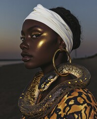 High-fashion photography of an Afro-American woman wearing a white headband, golden hoop earrings, and a large snake around her neck and earrings. She is standing on the beach at night under dramatic 