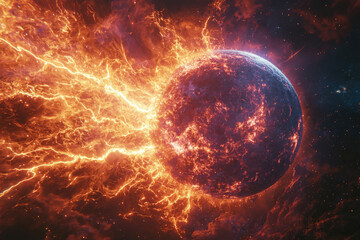Obraz premium Fiery cosmic event depicts a planet engulfed in intense plasma and electrical discharges.