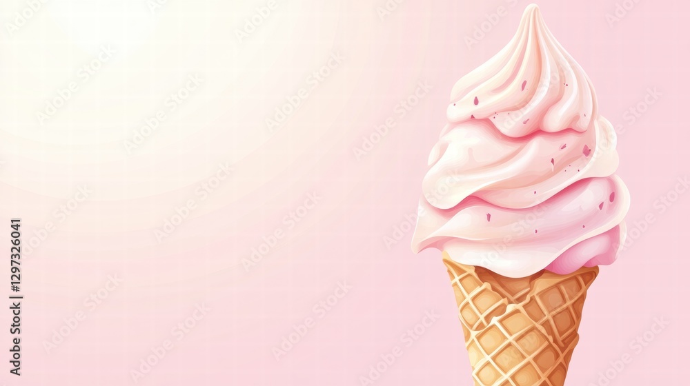 Poster Soft serve ice cream cone with pink swirl against a light background. Generative AI