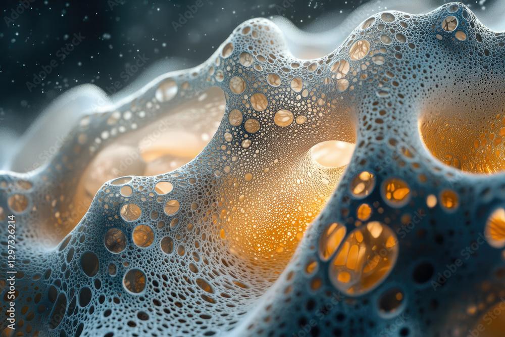 Poster abstract 3d render of a porous, organic structure with glowing inner cavities, resembling a cellular