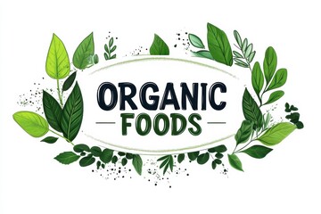 A lively logo design showcases the text 'Organic Foods' surrounded by various green leaves