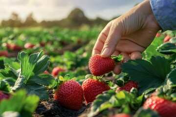 Picking ripe strawberries by hand in a lush farmer's garden at sunset