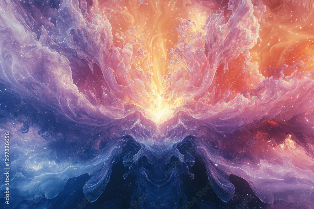 Poster abstract cosmic artwork depicting a vibrant nebula with swirling colors and a central light source.