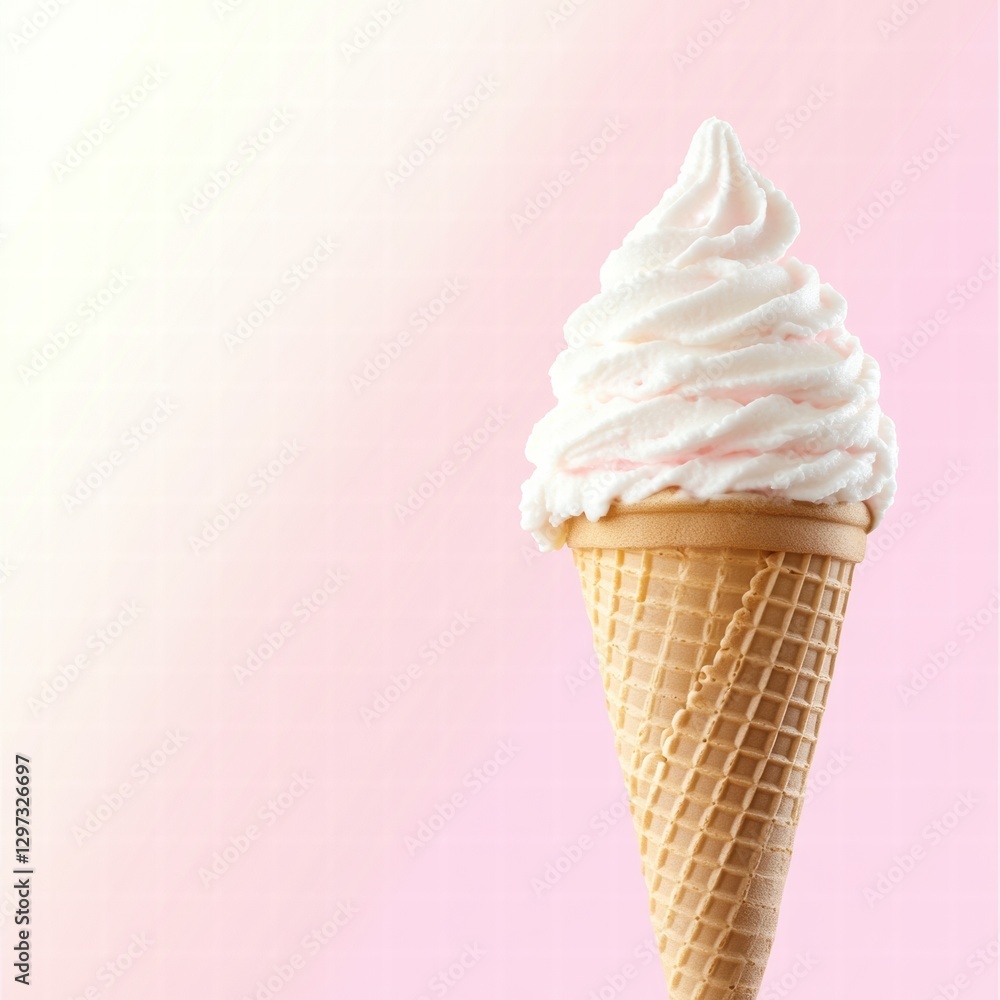 Poster indulging in soft serve ice cream cone against a pastel pink background during a warm sunny day. gen