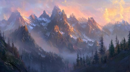 Majestic mountain range at sunset, shrouded in mist.