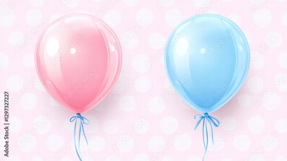 Poster balloons in pink and blue colors with ribbons on a soft pink background during a celebration event. 