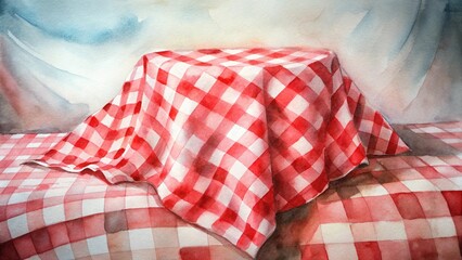 Obraz premium Watercolor painting of checkered red and white tablecloth
