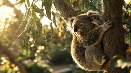 Fototapeta premium Koala resting in eucalyptus tree at sunset.