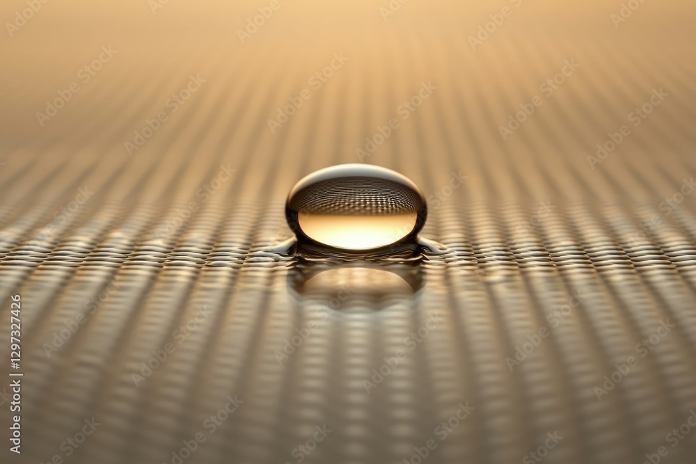 Poster a transparent sphere rests on a textured gold surface, reflecting light and creating a serene, minim