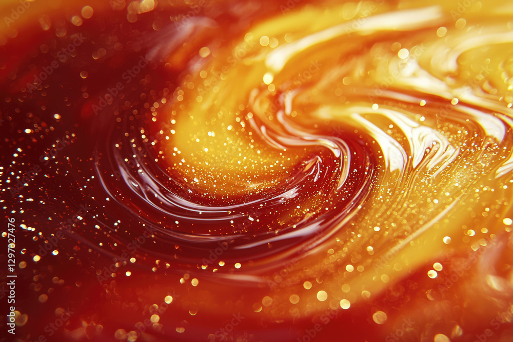 Poster swirling, golden and red liquid with glitter, creating a mesmerizing abstract pattern.