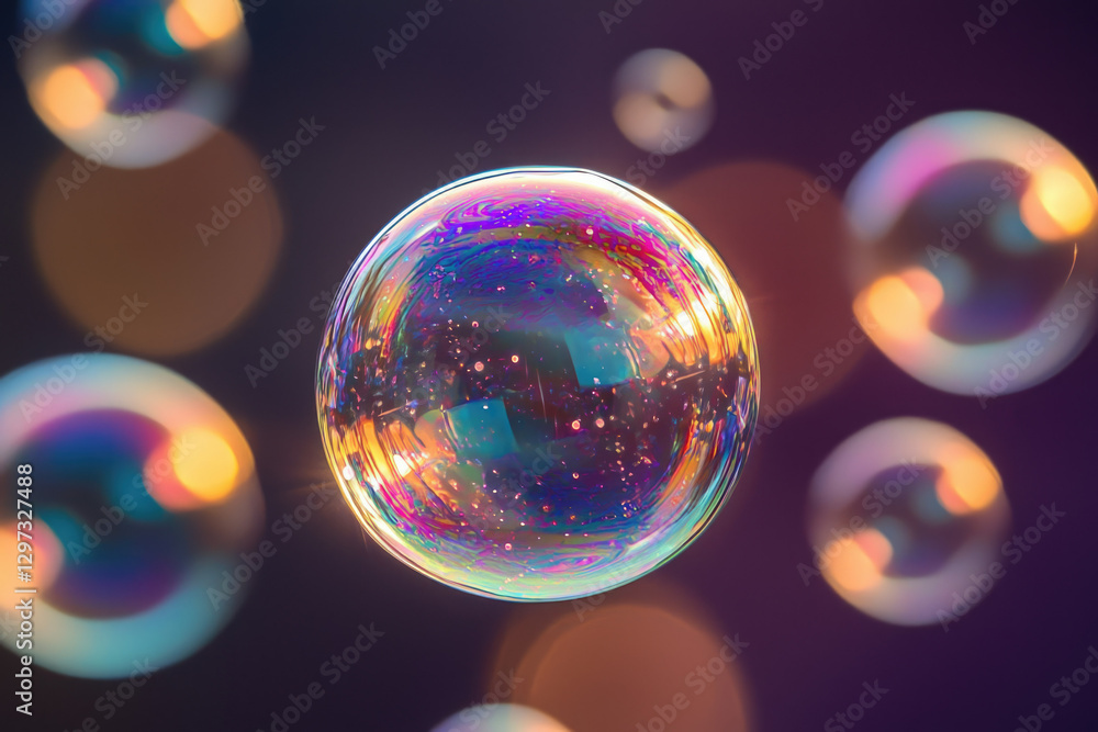 Poster a mesmerizing close-up of iridescent soap bubbles, reflecting light and showcasing vibrant colors.