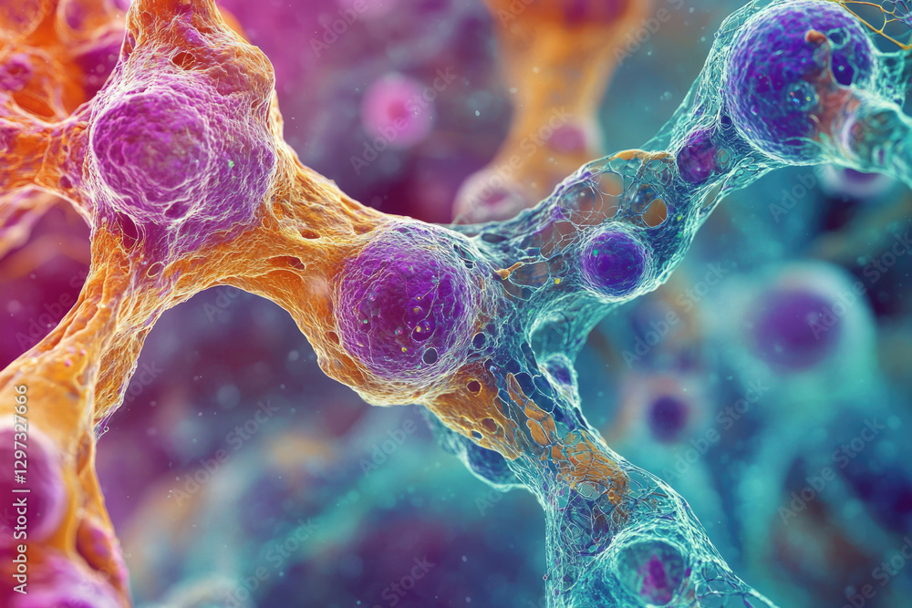 Poster Microscopic view of interconnected cells, showcasing intricate cellular structures and vibrant colors.
