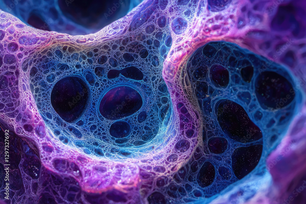 Poster abstract cosmic landscape, vibrant purple and blue nebula with intricate bubble-like structures rese