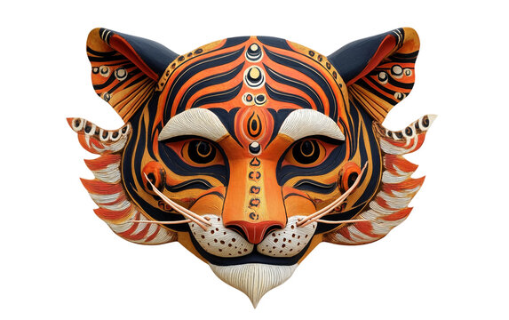 Handcrafted Tiger Face Mask for Pohela Boishakh Processions Isolated on transparent background.