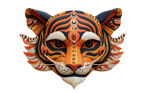 Handcrafted Tiger Face Mask for Pohela Boishakh Processions Isolated on transparent background.