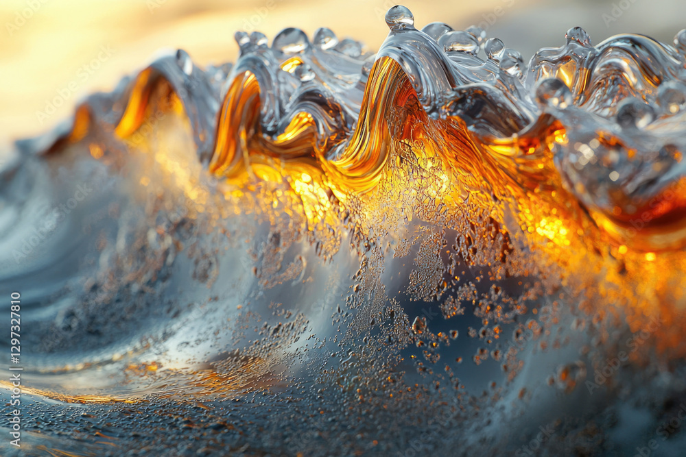 Poster a mesmerizing close-up of a wave, illuminated by sunset, showcasing its liquid texture and golden li