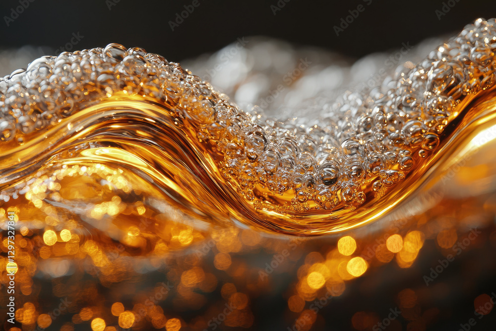 Poster Golden liquid with bubbles flowing in a wavy pattern, creating a luxurious and sparkling texture.