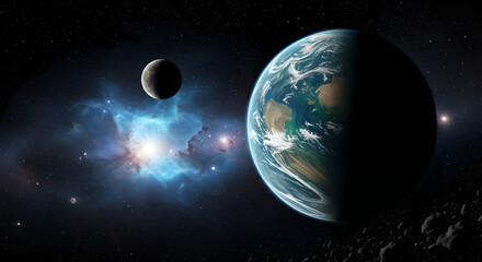 Naklejka premium Exoplanet Earth-like Planet, Nebula, and Moon in Deep Space - Asteroid Field