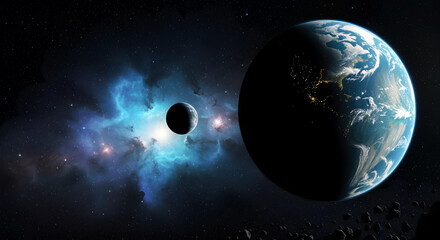 Earth and Moon, Space Scene, Galaxy Nebula, Planet View, Cosmic Background