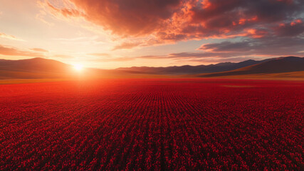 Vast Red Flower Field Under a Stunning Sunset Sky with Mountains in the Distance