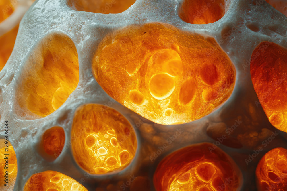 Poster close-up of a porous, textured object with glowing orange interiors, resembling a cellular structure