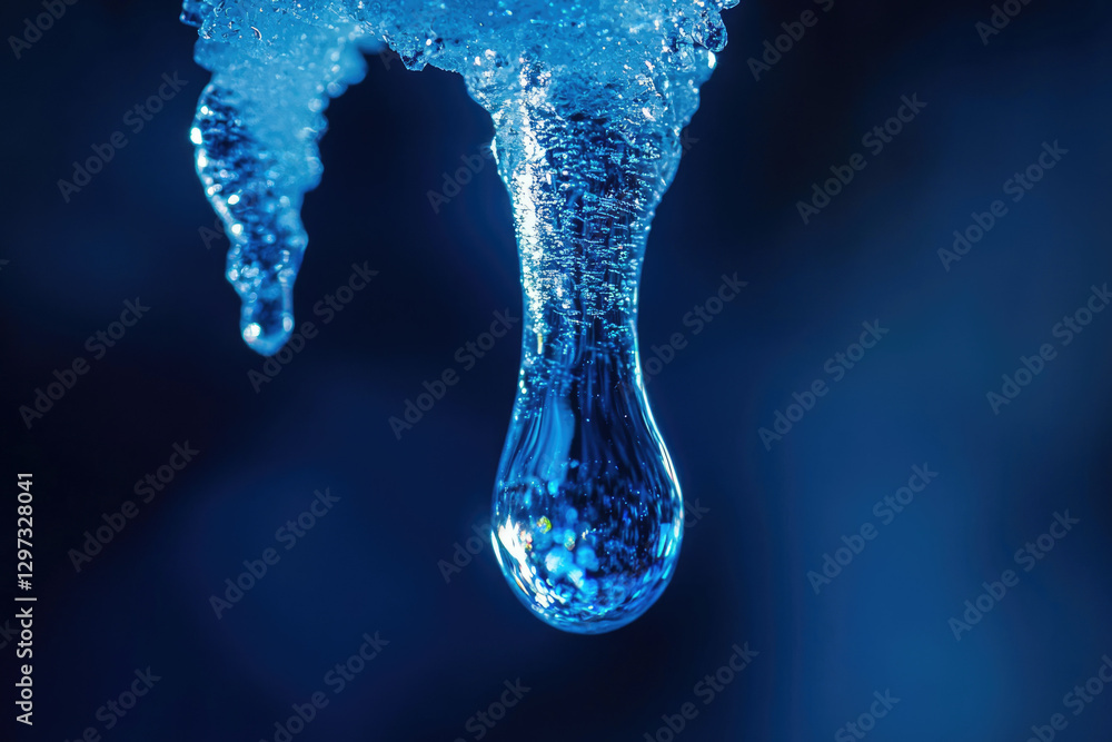 Poster a mesmerizing close-up of a teardrop forming from a melting icicle, showcasing its intricate blue hu