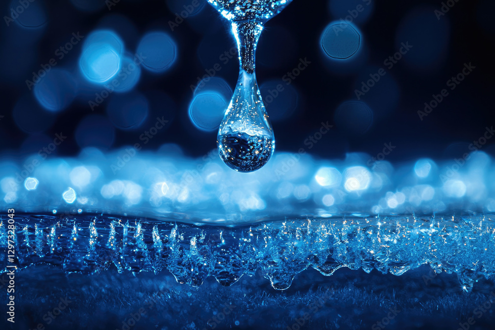 Poster A single water droplet about to merge with a frozen surface, creating a mesmerizing blue bokeh effect.