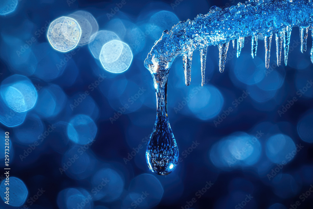 Poster a single drop of melting ice hangs from a branch covered in icy crystals against a blue bokeh backgr