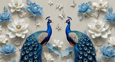 Elegant Peacock Pair & Floral Wallpaper: 3D Blue White Lotus, Butterflies - Nature Art