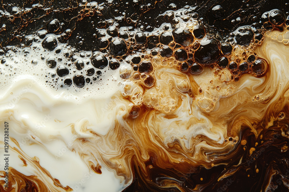 Aufkleber Abstract swirling mix of coffee and milk, creating a mesmerizing blend of colors and textures with air bubbles.