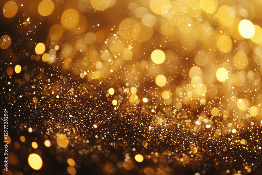 Poster golden glitter bokeh background, sparkling lights and shimmering texture. festive and luxurious.